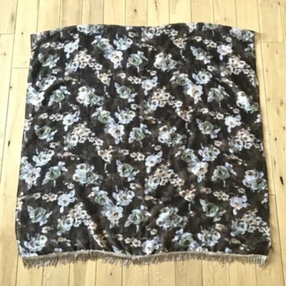 Large Voluminous Semi Sheer Tasseled Floral Scarf In Brown, Cream and Sage - Picture 10 of 14
